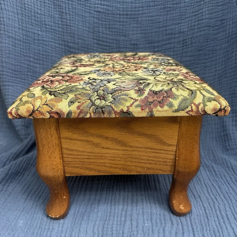 Vintage Wooden Tapestry Footstool Floral Upholstered Cushion Storage Bin Cottage